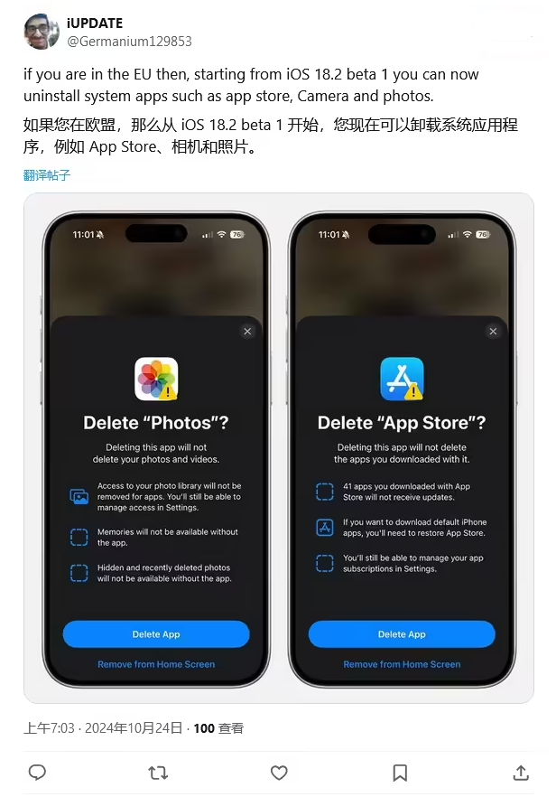 西陵苹果手机维修分享iOS 18.2 支持删除 App Store 应用商店 